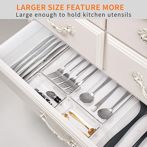 12 Pack Large Clear Plastic Drawer Organizer Trays | MULTI-USE Acrylic Drawer Storage for Kitchen, Bathroom, Makeup, Office, School, Undies | College Dorm Room, Home Apartment Essentials - size: 12 Pack