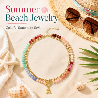 Colorful Beaded Bubble Letter Necklace For Women, Boho Double Layer Dopamine Rainbow Resin Beads Thick Cuban Chain Chunky With Initials Pendant Necklaces Summer Beach Jewelry Gift ﻿ - color: Dop K