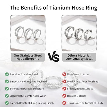 20/16G CZ Hinged Nose Rings Hoop, 316L Surgical Stainless Steel Cartilage Earring, Septum Clicker Ring, Daith Helix Rook Tragus Conch Lip Lobe Piercing Jewelry - color: A Black Double Open Ring with Coloful CZ 01, size: 1pc 20 Gauge 8mm