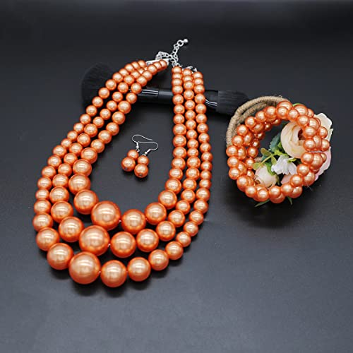 We We Imitation Pearl Necklace for Women Large Chunky Pearl Necklaces Multilayer Pearl Necklace and Earring 1920s Costume Jewelry set - color: orange pearl necklace set