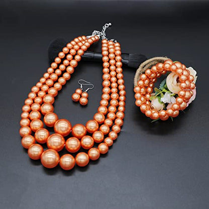 We We Imitation Pearl Necklace for Women Large Chunky Pearl Necklaces Multilayer Pearl Necklace and Earring 1920s Costume Jewelry set - color: orange pearl necklace set