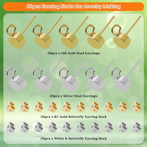 80pcs Earring Studs for Jewelry Making,Gold Plated Stud Earrings Round Ball Post Stud Earrings with Loop Stainless Steel Stud Earrings with Butterfly Ear Back for DIY Earrings Making(14K Gold,Silver) - color: 80pcs;14K Gold,Silver