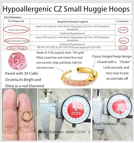 Hypoallergenic Unisex Surgical Steel Small Cubic Zirconia Huggie Hoop Earring, Color Gold - Silver - Rose Gold - Black - Rainbow, Size 6mm- 12mm Safe for Sensitive Ear - style: P02 : 8mm - gold - pink cz