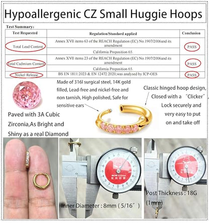 Hypoallergenic Unisex Surgical Steel Small Cubic Zirconia Huggie Hoop Earring, Color Gold - Silver - Rose Gold - Black - Rainbow, Size 6mm- 12mm Safe for Sensitive Ear - style: P02 : 8mm - gold - pink cz
