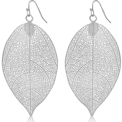 Leaf Earrings for Women - Gold or Silver Tone Filigree Dangle Earrings | Plated in Gold Tone or Silver Tone - color: 3.5" inch - Large Silver