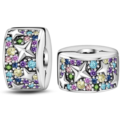 925 Sterling Silver Stopper Clip Charms for Bracelet Necklace Spacer Beads with 5A Cubic Zirconia Mother's Day Christmas DIY Gift for Women(2PCS) - style: Colorful stars