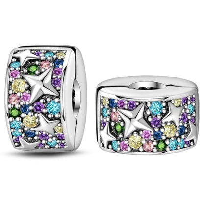 925 Sterling Silver Stopper Clip Charms for Bracelet Necklace Spacer Beads with 5A Cubic Zirconia Mother's Day Christmas DIY Gift for Women(2PCS) - style: Colorful stars