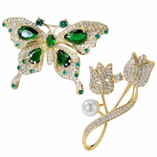 2pcs Rhinestone Brooch Pin for Women Dress Elegant Stylish Crystal Brooches Fashion Accessories Pins Lapel Boutonniere Ideas Wedding Christmas Birthday Jewelry Easter Gift - color: 13 Green Butterfly/Gold