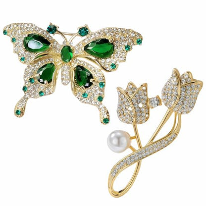 2pcs Rhinestone Brooch Pin for Women Dress Elegant Stylish Crystal Brooches Fashion Accessories Pins Lapel Boutonniere Ideas Wedding Christmas Birthday Jewelry Easter Gift - color: 13 Green Butterfly/Gold