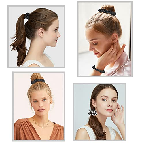 Hair Ties Silk Satin Scrunchies - Small Mini Thin Elestics Ponytail Holder Hair Bands Skinny Scrunchy For Thick Curl Hair No Crease Hair Ties Soft Accessories No Hurt Your Hair for Women and Girls (White Leopard Black) - color: White Leopard Black