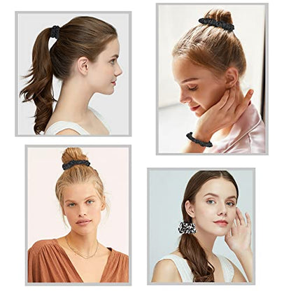 Hair Ties Silk Satin Scrunchies - Small Mini Thin Elestics Ponytail Holder Hair Bands Skinny Scrunchy For Thick Curl Hair No Crease Hair Ties Soft Accessories No Hurt Your Hair for Women and Girls (White Leopard Black) - color: White Leopard Black