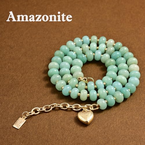 Boho Gemstone Beaded Necklace for Women – Colorful Natural Stone Choker 18K Solid Heart-Shaped Pendant, Summer Beach Jewelry - color: Amazonite