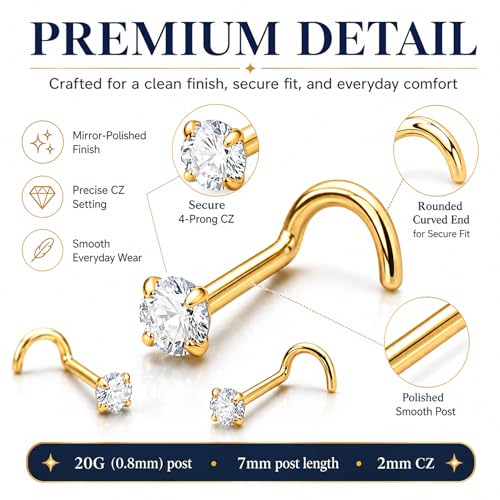 20G Nose Rings for Women, L Shaped Nostril Piercing Studs | 316L Stainless Steel, 0.8 mm×7 mm, 2 mm CZ or 3-4 mm Heart, Star, Moon and Cross, Gold-Tone or Silver-tone, Daily Wear - style: Sunlight Gold