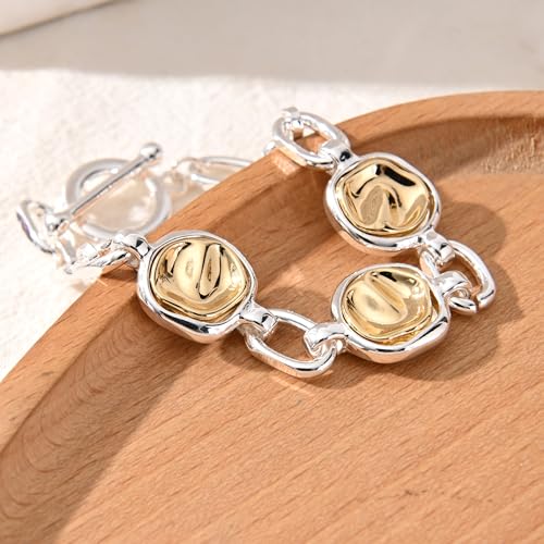 14K Gold & Silver Plated Lightweight Link Bracelet for Women | Stackable Bracelets ,14K Gold Plated Bracelets with CZ,Lightweight Trendy Chain Bracelet Jewelry Gift - style: round&silver chain