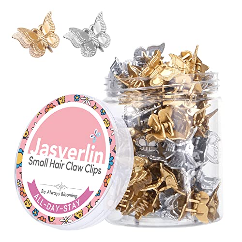 JASVERLIN Mini Butterfly Hair Clips 50pcs - Non-Slip Metallic Silver Gold Hair Claws Clip Y2K 90s 2000s Small Tiny Cute Accessories Organizer for Women Girls (Silver & Gold) - color: Silver & Gold