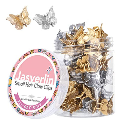 JASVERLIN Mini Butterfly Hair Clips 50pcs - Non-Slip Metallic Silver Gold Hair Claws Clip Y2K 90s 2000s Small Tiny Cute Accessories Organizer for Women Girls (Silver & Gold) - color: Silver & Gold