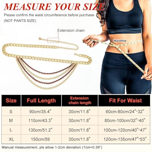 Suyi Multilayer Chain Belt Rhinestone Metal Chain Belts for Women Punk Gold Waist Chain - color: Gold Wine Red, size: M: 110 CM