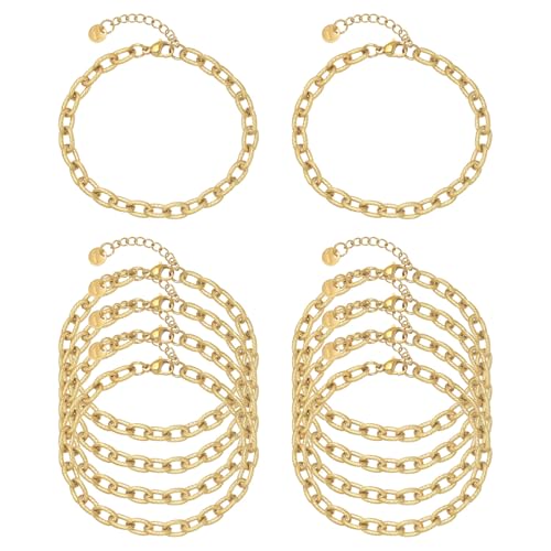 10 PCS Bracelets for Women Stainless Steel Chain Link Bracelet Set | 6.7 Inches with Extender, Jewelry Gifts for DIY, Chains Bulk, Oval, Curb, Figaro Chains, 18K Gold Plated, Silver, Chunky - color: Oval Gold