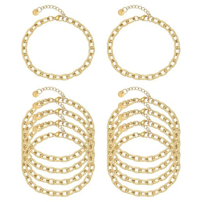 10 PCS Bracelets for Women Stainless Steel Chain Link Bracelet Set | 6.7 Inches with Extender, Jewelry Gifts for DIY, Chains Bulk, Oval, Curb, Figaro Chains, 18K Gold Plated, Silver, Chunky - color: Oval Gold