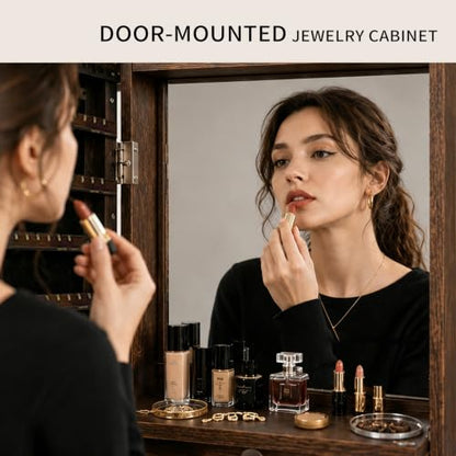 Lockable Jewelry Cabinet Organizer with Full Length Mirror, 6 Auto LED Lights, Wall & Over Door Mount Jewelry Armoire with Earring Slots, Necklace Hooks, Foldable Makeup Shelf - color: Brown