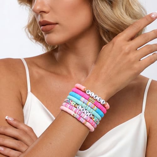 Summer Surfer Heishi Bracelet Set for Women Stackable Gold Plated Clay Ploymer Bead Stretch Pink Beach Layering Bracelets Jewelry - color: B-A4 love 7pcs