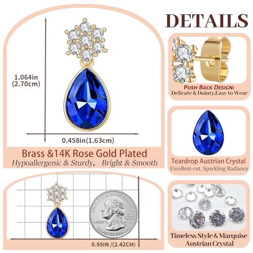 Elegant Austrian Crystal Teardrop Dangle Earrings for Women,14K Gold Plated Flower Drop Earrings Jewelry Gift for Birthday Wedding Anniversary - color: Sapphire