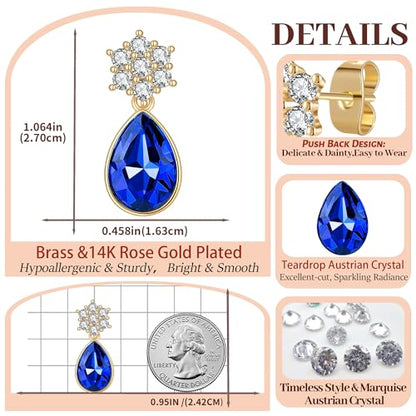 Elegant Austrian Crystal Teardrop Dangle Earrings for Women,14K Gold Plated Flower Drop Earrings Jewelry Gift for Birthday Wedding Anniversary - color: Sapphire