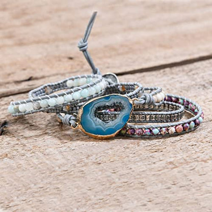 YGLINE Boho Handmade Wrap Leather Tube Crystal Stone Bracelet for Women - color: Blue Druzy