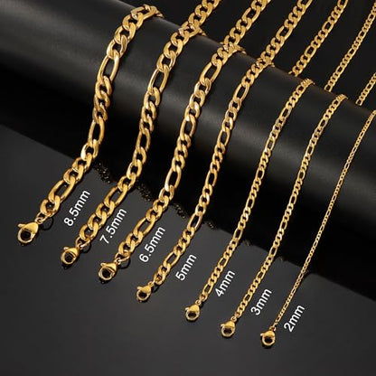 Monily 24K Gold Plated Figaro Chain Stainless Steel Necklace Men Women - color: 24K Gold Plated 12mm