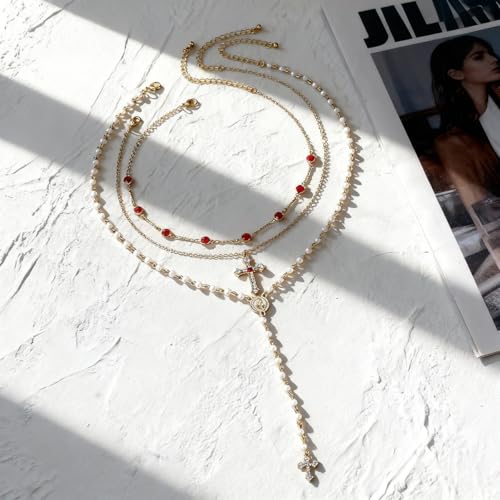 Layered Necklace for Women, Cross Pendant Y Necklace Set, 18K Gold Plated Dainty Stackable Jewelry Gift for Everyday Wear - style: 3PCS - A