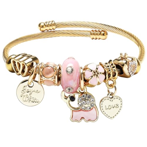 DS Charm Bracelets for girls,exquisite cute cartoon gold friendship bracelets Stainless Steel Bangle with birthday Gift box, Adjustable girls jewelry Suitable for holiday gifts - style: Gold-elephant