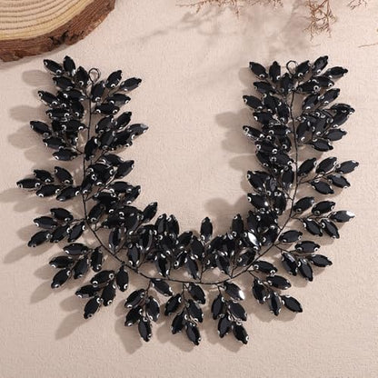 Missgrace Women Silver Green Black Red Blue Handmade Full Crystal Rhinestone Large Headband Hair Vine Shinny Headpiece Bridal Wedding Hair Accessories for Women (Black) - color: Black