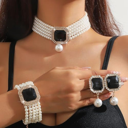 Fashion Bride Silver Black Green Bridal Layered Rhinestone Crystal 1920s Faux Pearls Necklace Earrings Bracelet Set Crystal Wedding Jewelry Set Rose Red Square Choker Necklace for Women - color: Black