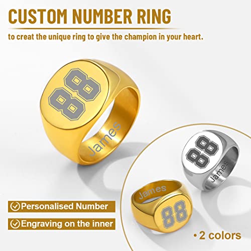 GoldChic Jewelry Personalized Signet Rings Men Women, Stainless Steel Custom Photo Bold Square/Oval Monogram/Old English Initial Pinky Stacking Statement Ring in Black/Silver/Gold (Size 7-14) - color: Gold-Number -Round