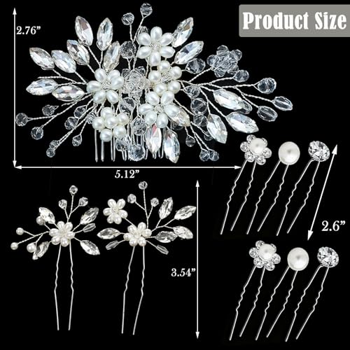 9 pcs Wedding Hair Accessories Bridal Hair Pins Silver Rhinestone with Pearls Hair Pieces for Brides Women Girls (Sliver White) - color: Sliver White
