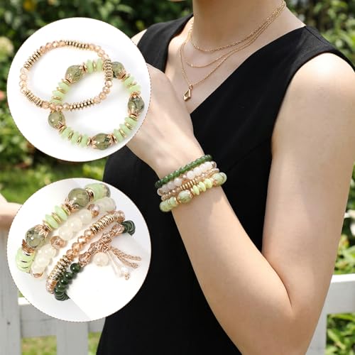 Ouligay 4PCS Green Bracelets for Women Boho Beaded Bracelets Set Crystal Bracelets Stackable Summer Jewelry Bracelets Beach Vacation Gifts
