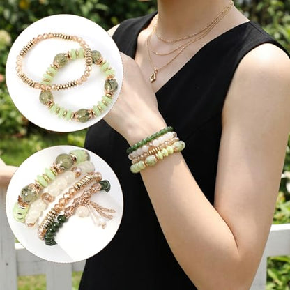 Ouligay 4PCS Green Bracelets for Women Boho Beaded Bracelets Set Crystal Bracelets Stackable Summer Jewelry Bracelets Beach Vacation Gifts