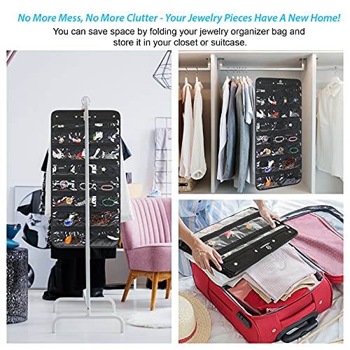 Hanging Jewelry Organizer with 50 Transparent Pockets, 360° Rotating Hanger & Secure Zipper Closure - Foldable Double Sided Jewelry Storage Bag for Earrings, Rings, Necklaces, Bracelets (Black)