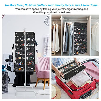 Hanging Jewelry Organizer with 50 Transparent Pockets, 360° Rotating Hanger & Secure Zipper Closure - Foldable Double Sided Jewelry Storage Bag for Earrings, Rings, Necklaces, Bracelets (Black)