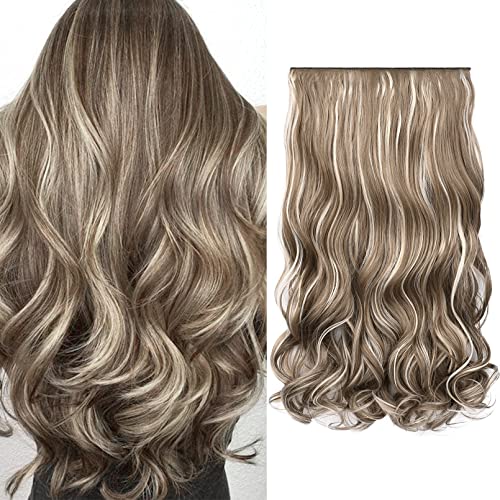 REECHO Clip in hair extensions, 20" Curly Wavy Synthetic HE008 Hairpieces for Women - Ash Brown with Platium Highlights - color: Ash Brown with Platium Highlights, size: 20 Inch (Pack of 1)