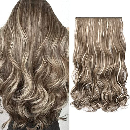 REECHO Clip in hair extensions, 20" Curly Wavy Synthetic HE008 Hairpieces for Women - Ash Brown with Platium Highlights - color: Ash Brown with Platium Highlights, size: 20 Inch (Pack of 1)