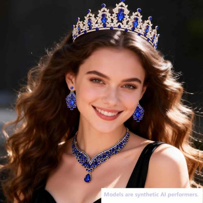 Kamirola Bridal Wedding Tiara Crown Jewelry Set for Women/Brides/Bridesmaids Crystal Jewelry Set for Wedding Prom Party Bridal Crystal Necklace Earrings Bracelet Set(TR60) - color: Gold Blue