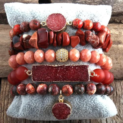 Yomisa 5PCS 6PCS Natural Boho Beaded Bracelets/Bangle for Women Men,Healing Turquoise Jasper Agate Crystal Gemstone Stone Chakra Multilayer Wrap Bohemian Handmade Jewelry Beads Stretch Bracelet Set - color: 5PCS-Red