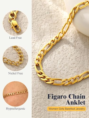 U7 Ankle Bracelets for Women Stainless Steel Waterproof Tarnish Resistant | 18K Gold Plated/Silver/Rose Gold Anklets, Cuban Chain Anklet Bracelets, Perfect for Summer Beach and Vacation Outfits - color: Gold Plated-5mm-Figaro Chain