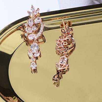 CZ Bridal Earrings for Wedding - 14k Plated Sterling Silver Elegant Teardrop Cubic Zirconia Crystal Rhinestone Floarl Leaf Cluster Chandelier Statement Dangle Drop Earrings for Bride Bridesmaids Party - color: Floral - Rose gold