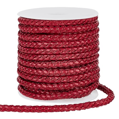 PH PandaHall 10 Yards Round Braided Leather Cord, 5.5mm Leather Rope Red Jewelry Craft Cord Tie Cording Leather Strap Bolo Cord for DIY Bracelets Necklaces Jewelry Crafts Belt Wrapping Christmas Decor - color: Red, size: 5.5mm