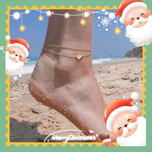 Heart Initial Ankle Bracelets for Women, 14K Gold Filled Handmade Dainty Layered Anklet Letter Initial Heart Ankle Bracelets for Women Beach Jewelry Gifts - style: D