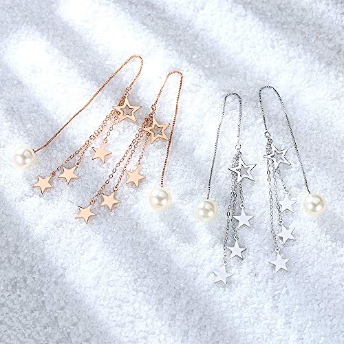 925 Sterling Silver Dangle Earrings with Charms Heart, Water drop, Moon, Star Long Drop Earring for Women Jewelry Gifts Hypoallergenic - color: star pearl-white
