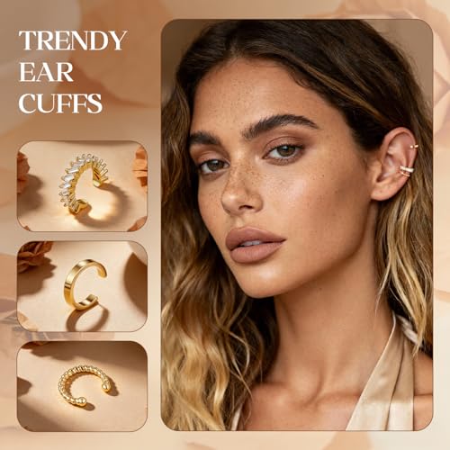 Ear Cuff Earrings for Women Non Piercing Helix Cartilage Clip on Ear Cuffs 14K Gold Plated & Sterling Silver Stainless Steel Hypoallergenic Huggie Hoop Fake Earring Set Jewelry Gift - color: A5-Cubic Zirconia Set