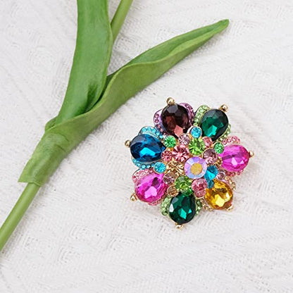 Flower Shape Crystal Cocktail Stretch Ring Party Prom Floral Statement Elastic Ring for Women - color: 2RI255-multicolor-gold tone